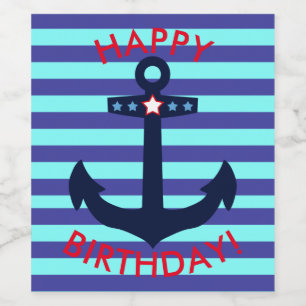 Nautical Happy Birthday! Blue Stripes Anchor Wine Label