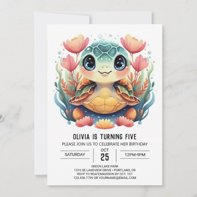 Nautical Happy Turtle Girl Birthday Invitation (Front)