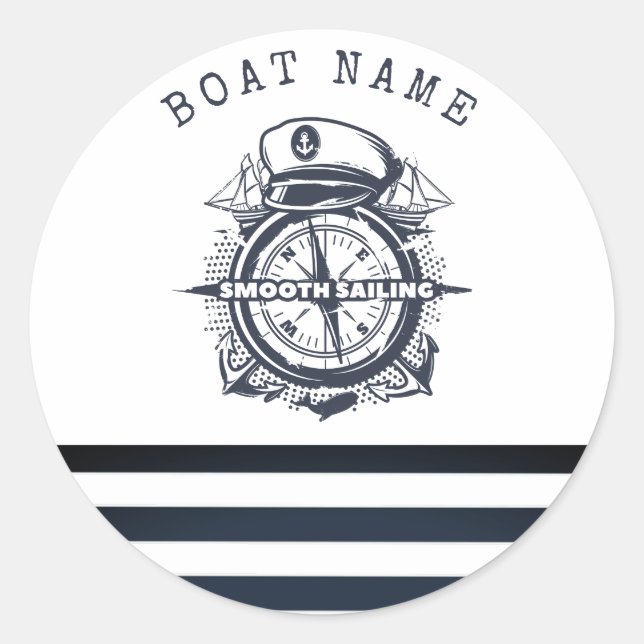 Nautical Hat, Anchor,Wheel Navy Blue Striped     Classic Round Sticker (Front)