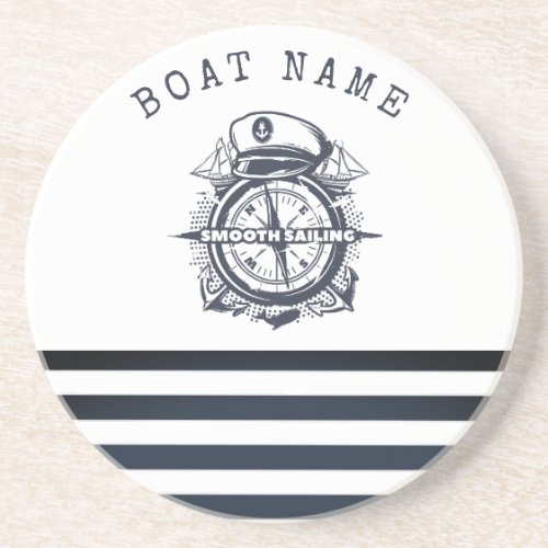 Nautical Hat AnchorWheel Navy Blue Striped  Coaster