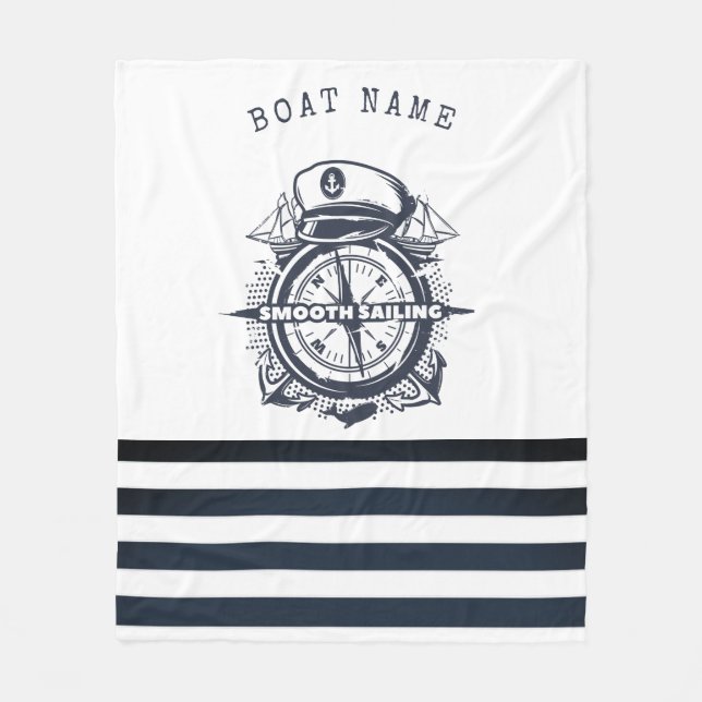 Nautical Hat, Anchor,Wheel Navy Blue Striped    Fleece Blanket (Front)