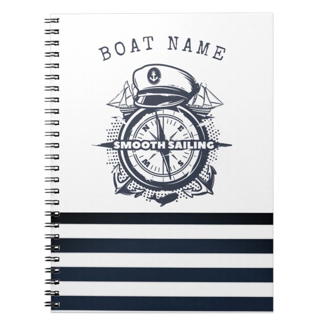 Nautical Hat, Anchor,Wheel Navy Blue Striped  Notebook (Front)