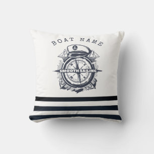 Nautical Hat, Anchor,Wheel Navy Blue Striped Throw Pillow