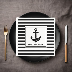 Nautical Heart Anchor Boat Black White Striped Napkins