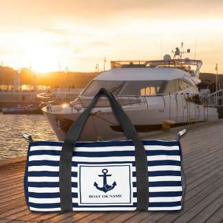 Nautical Heart Anchor Boat Name Navy White Striped Duffle Bag