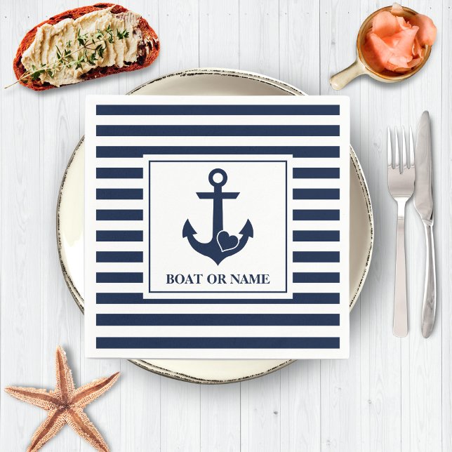 Nautical Heart Anchor Boat Name Navy White Striped Napkins (Creator Uploaded)