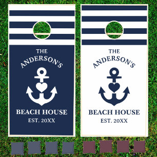 Nautical Heart Anchor Navy White Stipes Family Cornhole Set