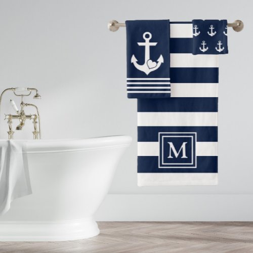 Nautical Heart Anchor Navy White Stripes Monogram Bath Towel Set