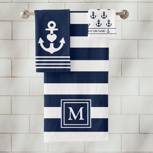 Nautical Heart Anchor Navy White Stripes Monogram Bath Towel Set