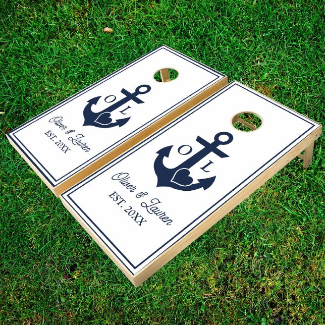 Nautical Heart Anchor White Monogram Wedding Cornhole Set (Creator Uploaded)
