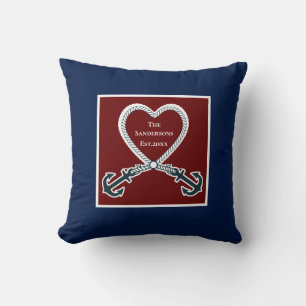 Nautical Heart Family Name Navy Blue Maroon Red Throw Pillow