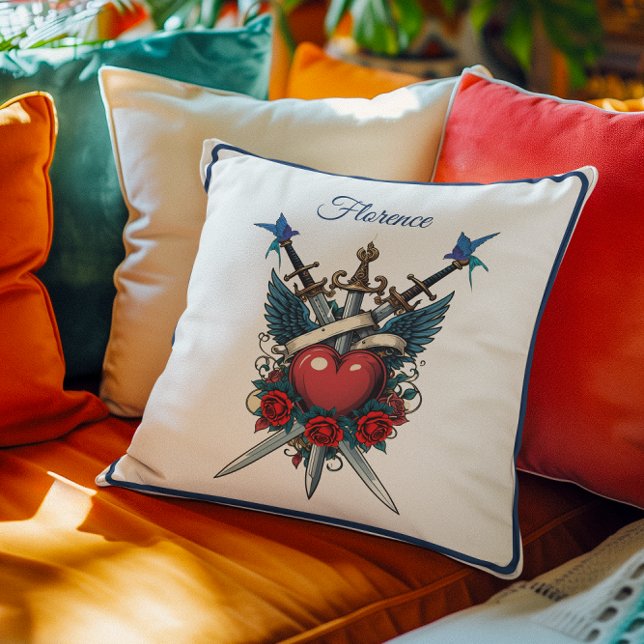 Nautical Heart Floral Red Blue  Throw Pillow (Creator Uploaded)