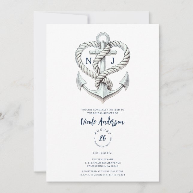 Nautical Heart Rope Anchor Coastal Bridal Shower Invitation (Front)