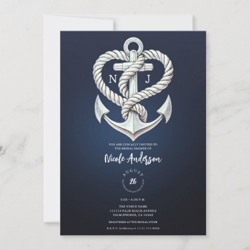 Nautical Heart Rope Anchor Coastal Navy Bridal  Invitation