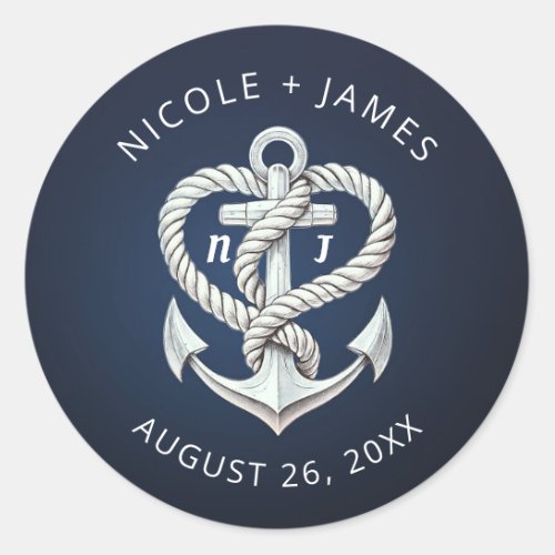Nautical Heart Rope Anchor Coastal Navy Wedding Classic Round Sticker