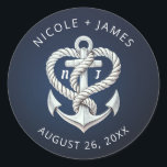 Nautical Heart Rope Anchor Coastal Navy Wedding Classic Round Sticker<br><div class="desc">customize with any text.</div>