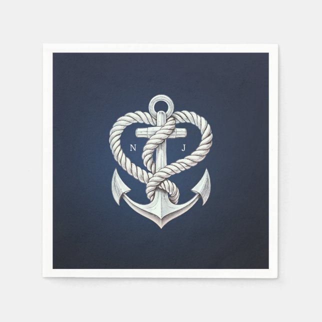 Nautical Heart Rope Anchor Coastal Navy Wedding Napkins (Front)