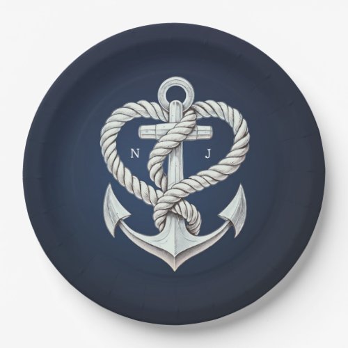 Nautical Heart Rope Anchor Coastal Navy Wedding Paper Plates
