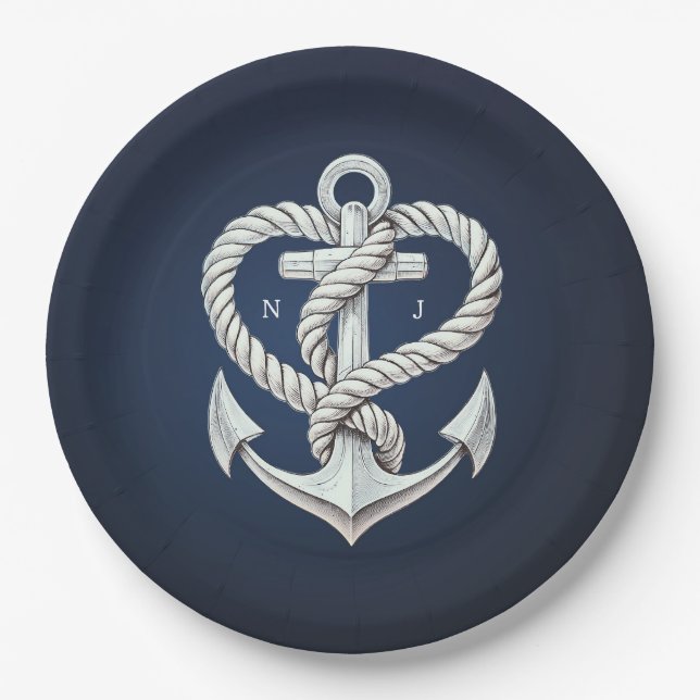 Nautical Heart Rope Anchor Coastal Navy Wedding Paper Plates (Front)