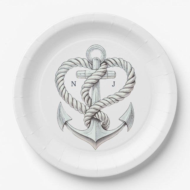 Nautical Heart Rope Anchor Coastal Wedding Paper Plates (Front)