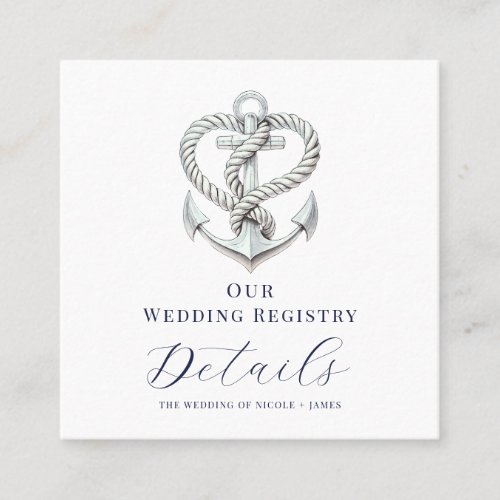 Nautical Heart Rope Anchor Wedding Registry QR  Square Business Card