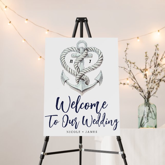 Nautical Heart Rope Anchor Wedding Welcome Sign (In Situ (Stand))