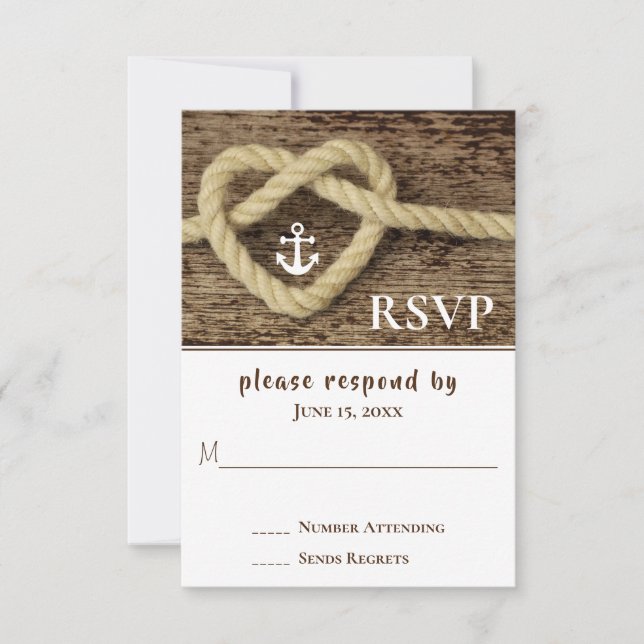 Nautical Heart Rope Knot and Anchor Wedding RSVP Card (Front)
