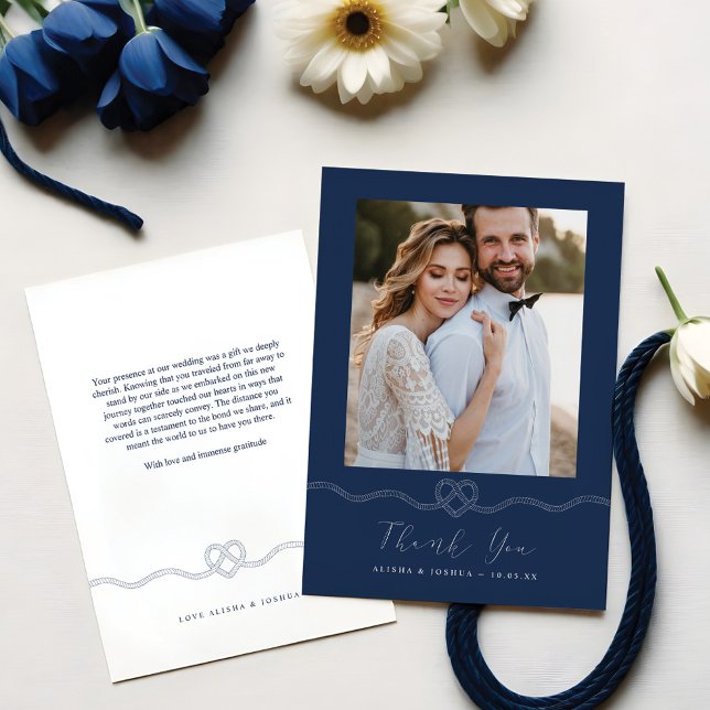 Nautical Heart Rope Navy & White Photo Thank You Card (Nautical Heart Rope Navy & White Photo Thank You)