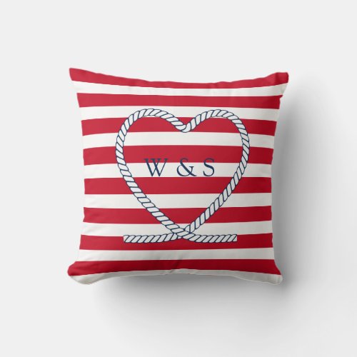 Nautical Heat Monogram Red White Stripe Couples Throw Pillow