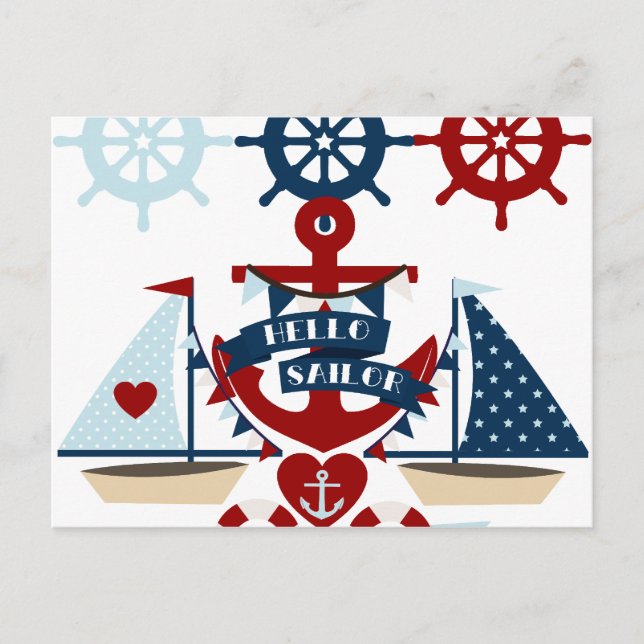 Nautical Hello Sailor Anchor Sail Boat Design Postcard (Front)
