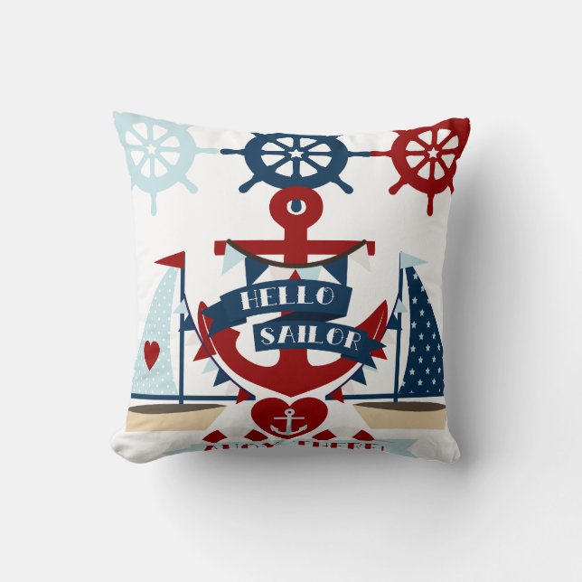 Nautical Hello Sailor Anchor Sail Boat Design Throw Pillow (Front)