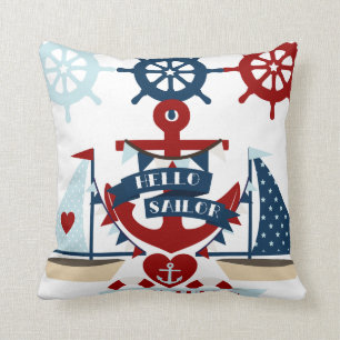 Nautical Hello Sailor Anchor Sail Boat Design Throw Pillow