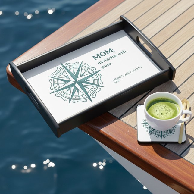 Nautical Heritage Compass Rose Mom Quote Serving Tray (Nautical Coastal theme serving tray with mom quote by Darling & May .. mother's day, birthday ...)