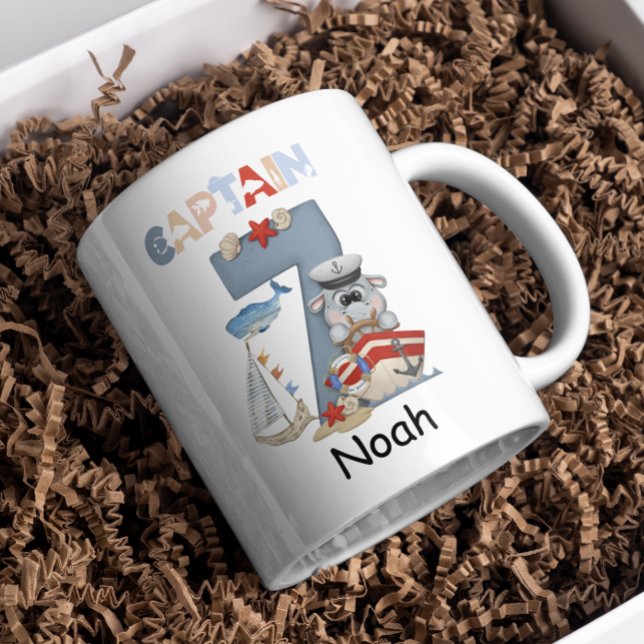 Nautical Hippo Personalized 7th Birthday Captain Coffee Mug (Creator Uploaded)
