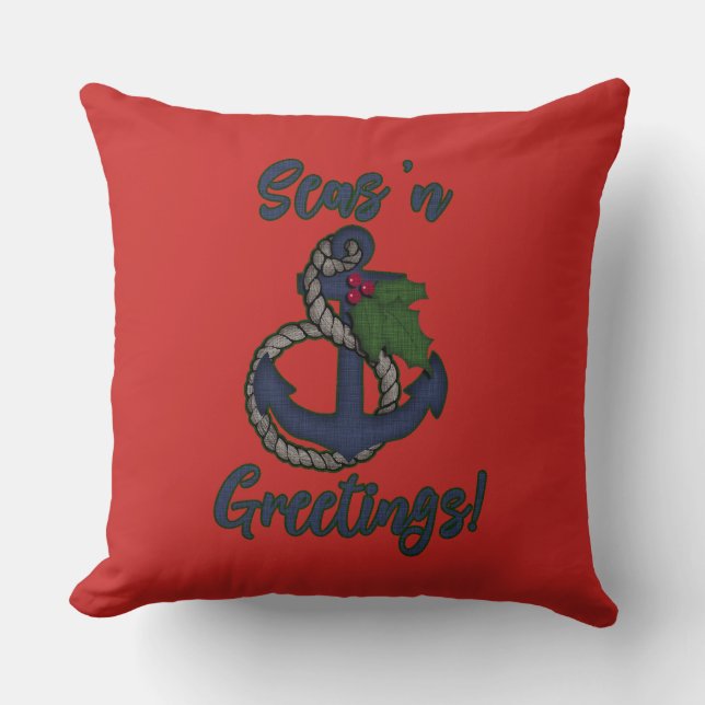 Nautical Holiday | Anchor and Holly Throw Pillow (Front)
