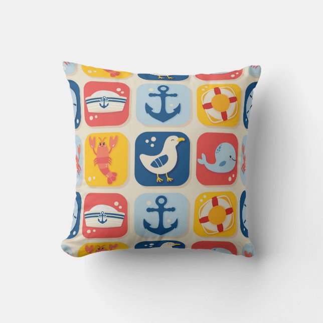 Nautical Icon Grid Pattern Throw Pillow (Front)