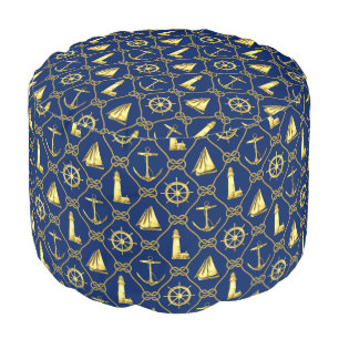 Nautical Icons Navy Blue Gold Anchor Lighthouse Pouf