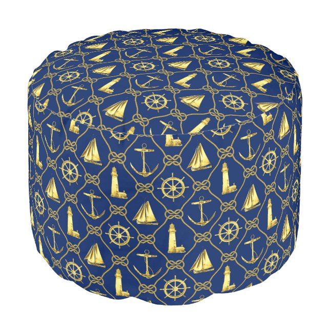 Nautical Icons Navy Blue Gold Anchor Lighthouse Pouf (Angled Front)