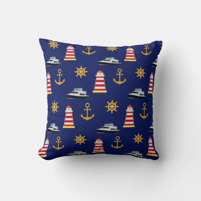 Nautical Icons on Navy Blue Throw Pillow (Front)