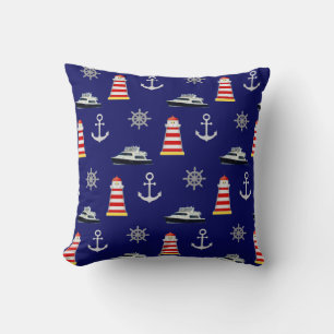 Nautical Icons, Silver Anchor on Navy Blue Throw Pillow