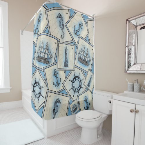 Nautical illustration vintage sailing blue gray shower curtain