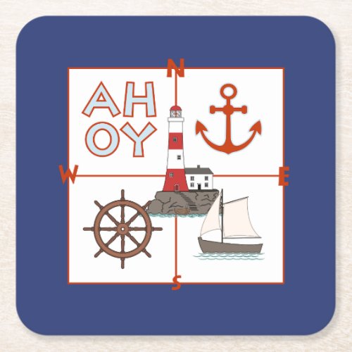 Nautical Illustrative Design Square Paper Coaster