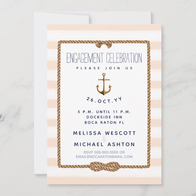Nautical Infinity Knot Coral & White Engagement Invitation (Front)