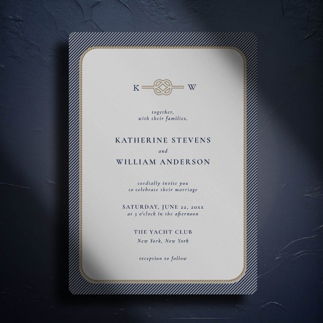 Nautical Infinity Knot Monograms Elegant Wedding Invitation (simple beach wedding invitation nautical rope infinity knot white navy modern classic stripes)