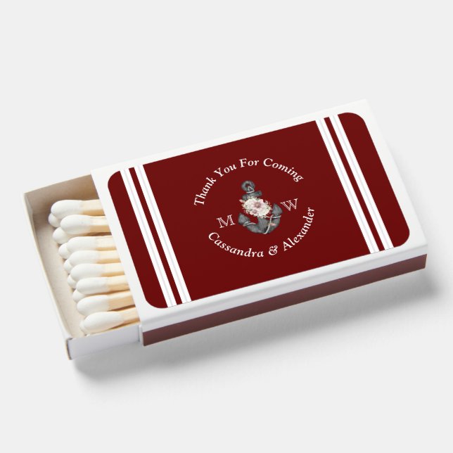 Nautical initial Floral Anchor Maroon Burgundy Red Matchboxes (Front Open)