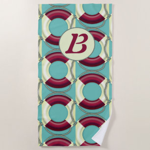 Nautical Initial Retro Life Preserver Pattern Beach Towel