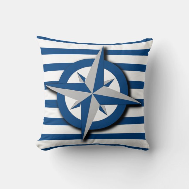Nautical Inspired Compass and Stripes Pattern Throw Pillow (Front)