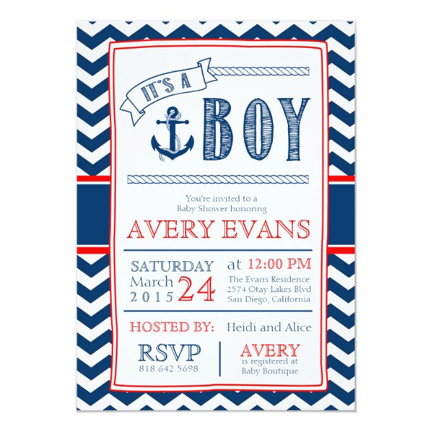 Nautical It's A Boy Baby Shower W/ Anchor Chevron Invitation