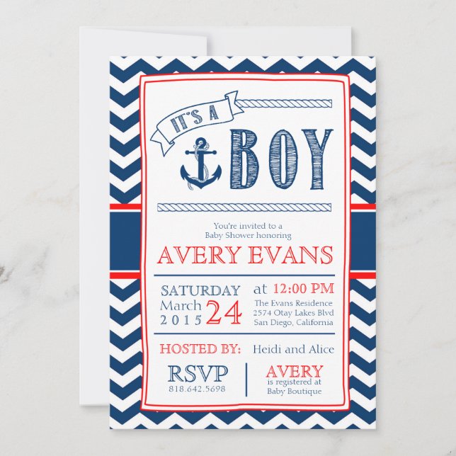 Nautical It's a Boy Baby Shower w/ Anchor Chevron Invitation (Front)