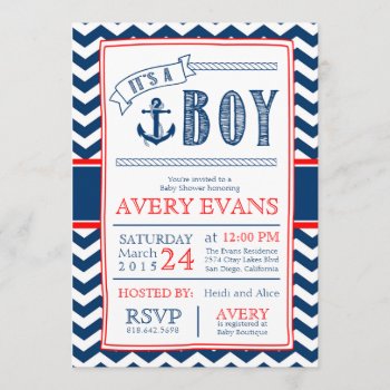 Nautical It's A Boy Baby Shower W/ Anchor Chevron Invitation by GreenLeafDesigns at Zazzle